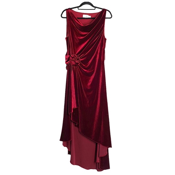 NWT Eliza J Velvet High Low Long Dress Size 14 Burgundy Cowl Neck Drape Rosette - Picture 2 of 15